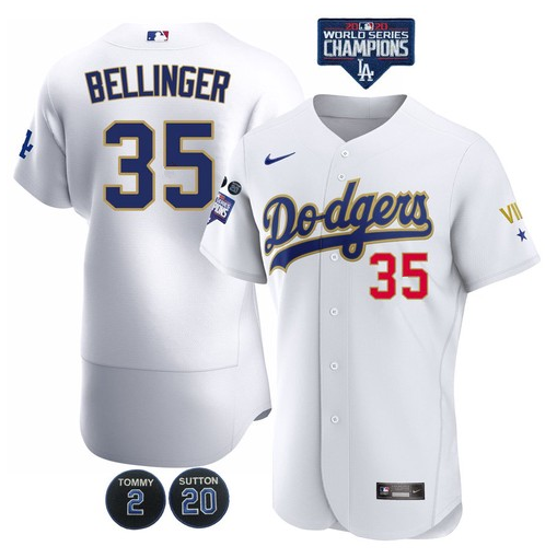 Men's Los Angeles Dodgers #35 Cody Bellinger White Gold MLB Championship Flex Base Sttiched Jersey Men's Los Angeles Dodgers #35 Cody Bellinger White Gold MLB Championship Flex Base Sttiched Jersey